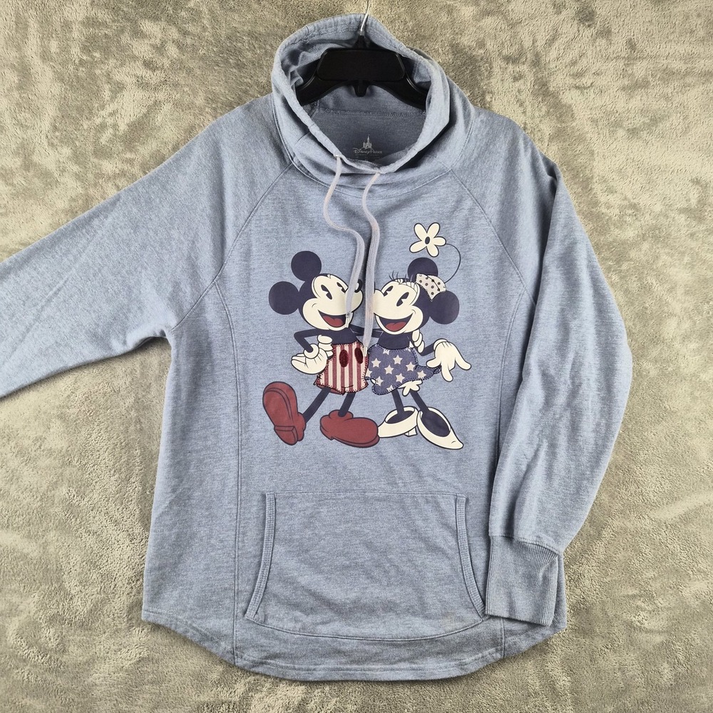 Disney Parks Mickey Minnie Americana Sweatshirt Large Blue Cowl Neck USA Flag